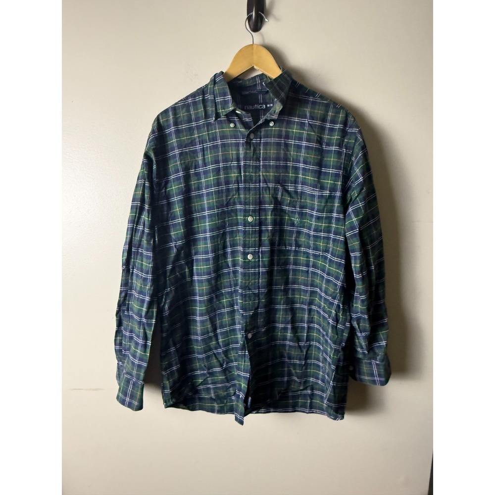 Vintage Nautica Button Down Shirt Mens M Blue Green‎ White Plaid Long Sleeve